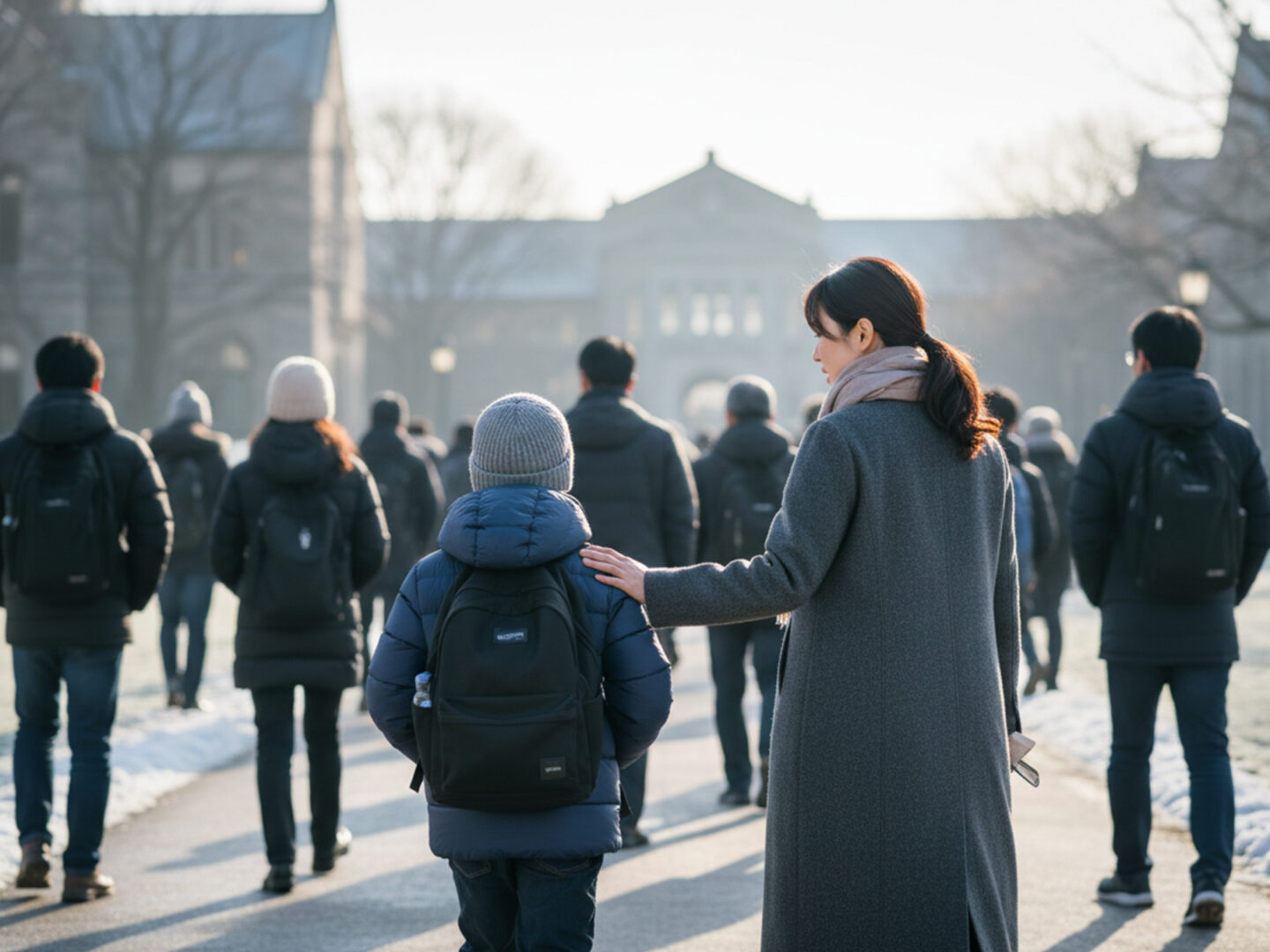 中学受験の前受け試験会場に向かう親子