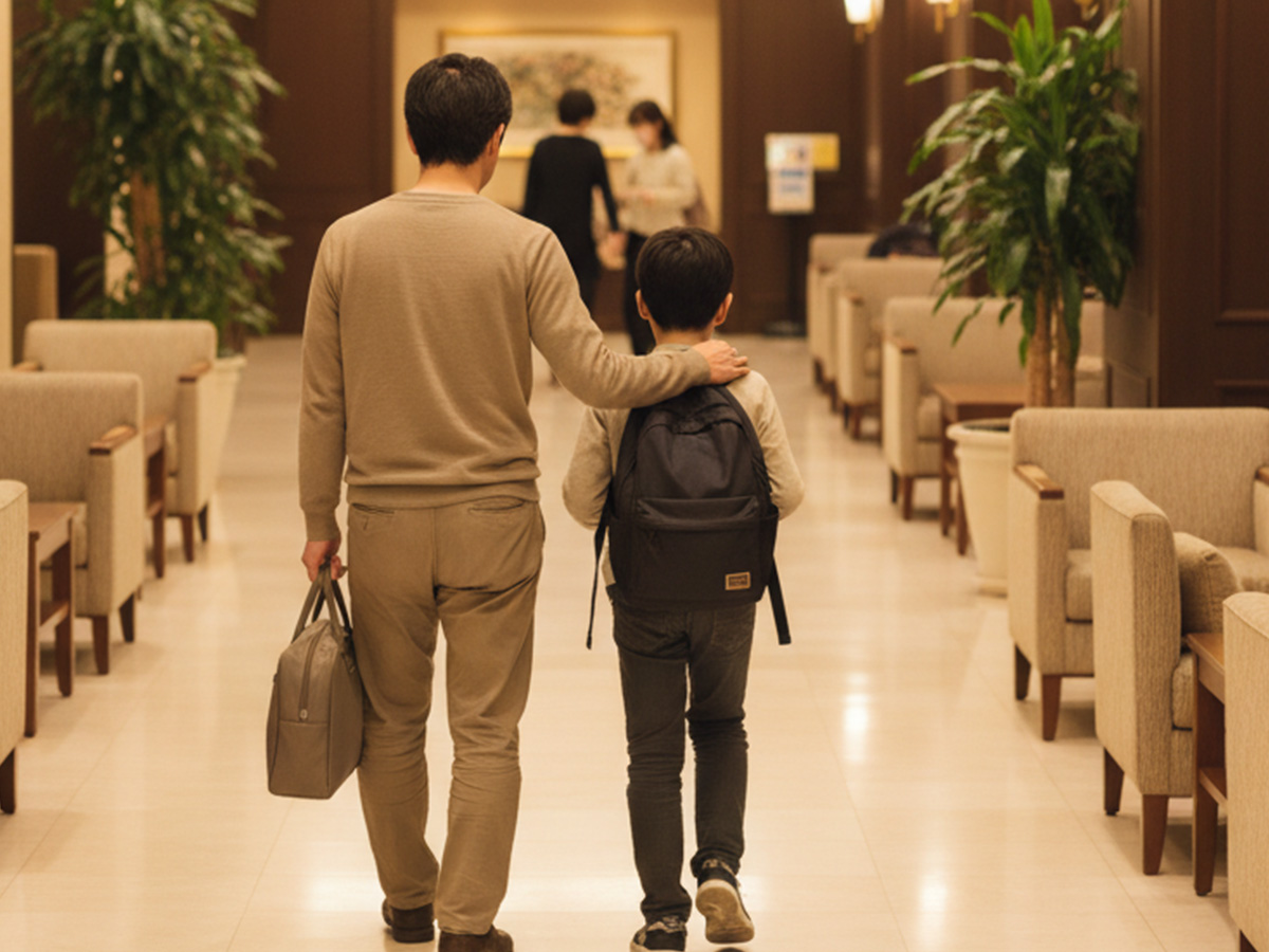 中学受験で前泊している親子の様子