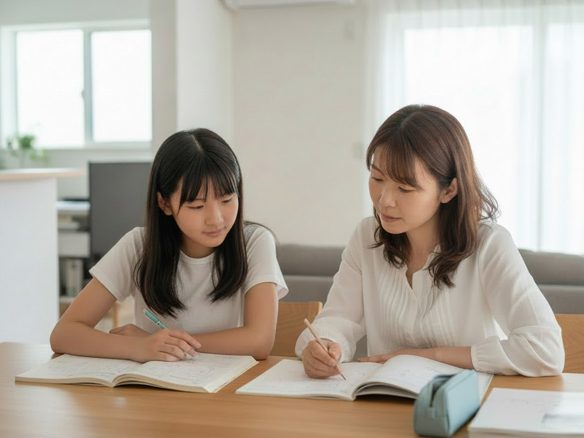 算数のつまずきを無くすために一緒に問題を解いている母親と子供