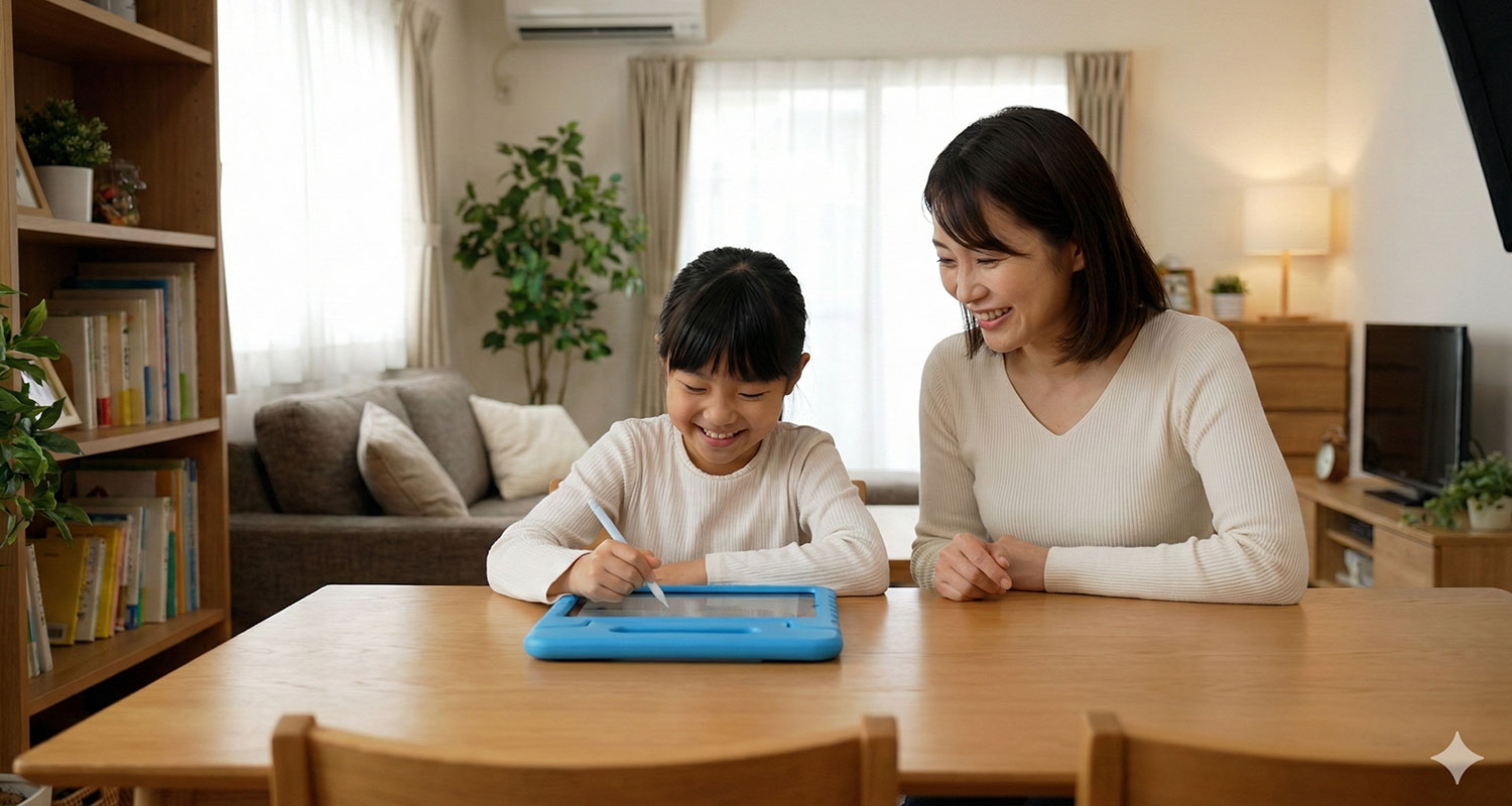 自宅でタブレット学習している子ども