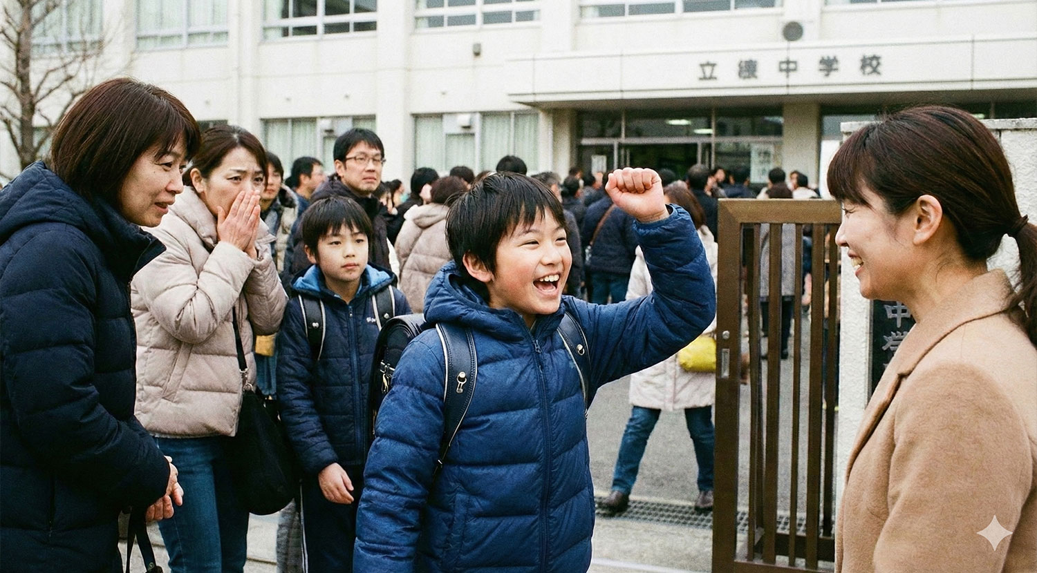 試験後、簡単だったとママに報告する子供の周りで不安になる家族のイメージ