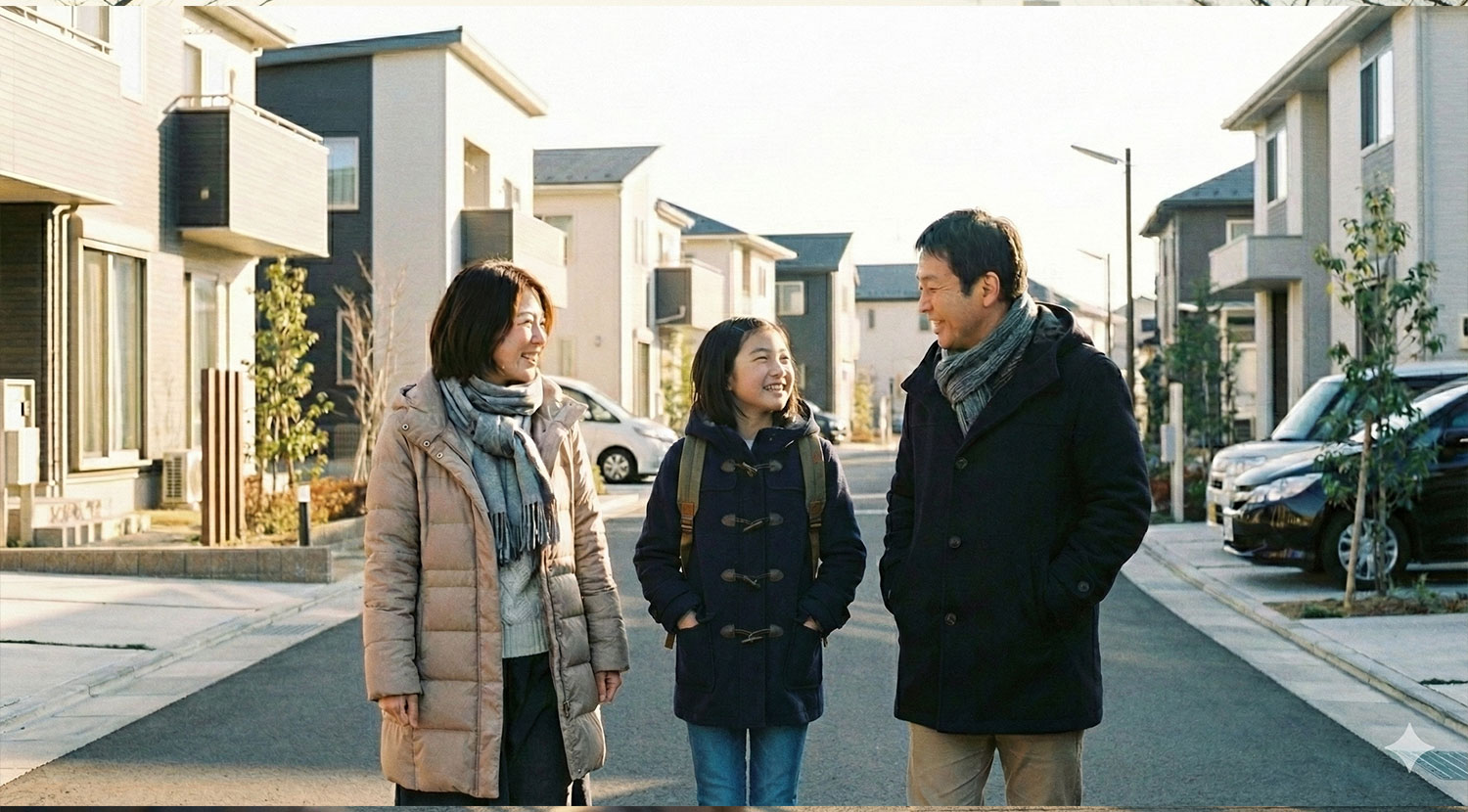 入試の朝、穏やかに試験会場に向かう家族のイメージ