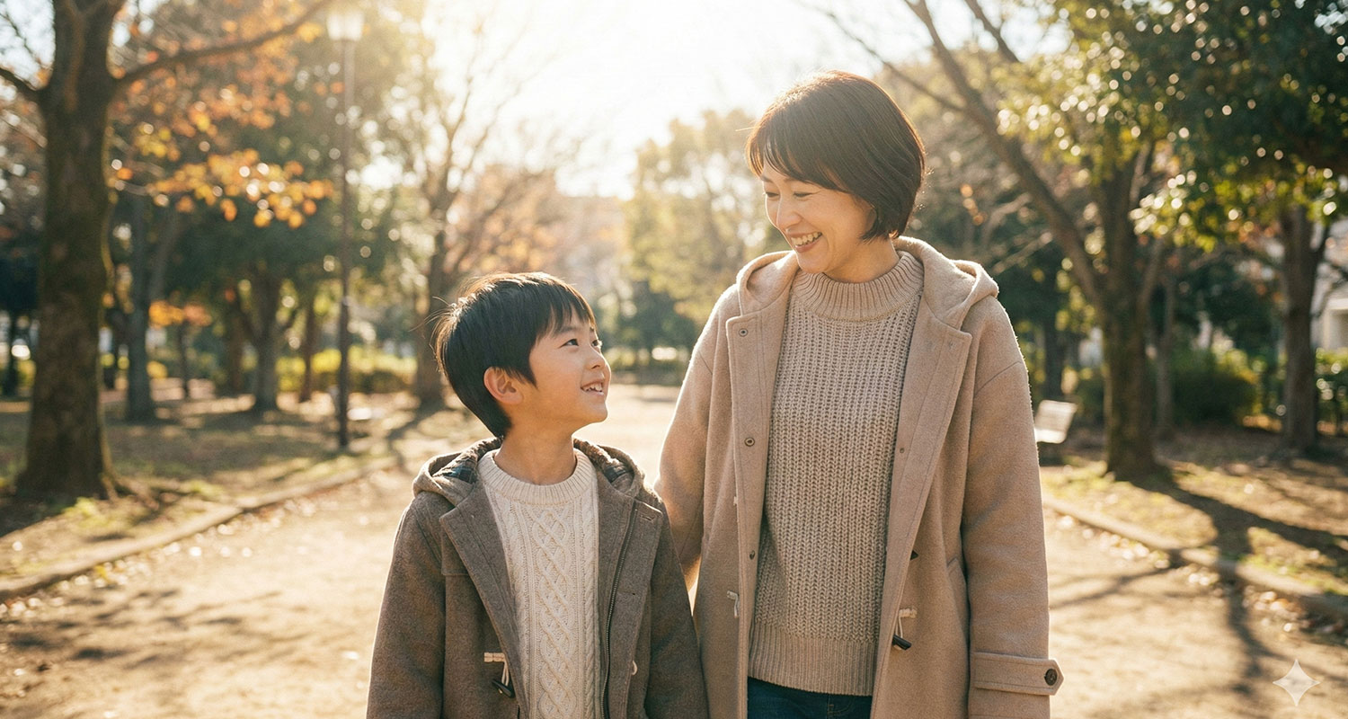 長時間の勉強の合間に散歩でリフレッシュしている親子