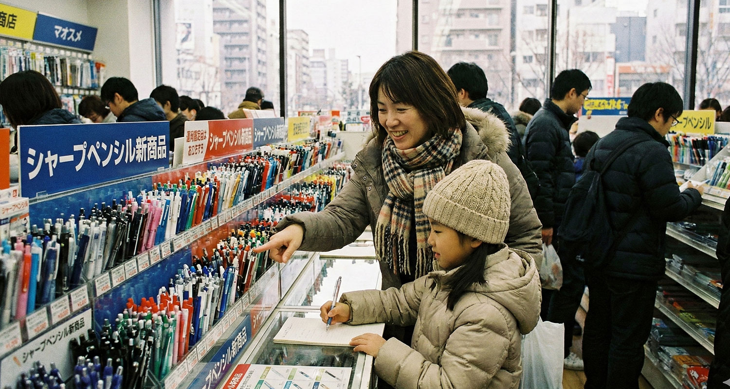 親子で文房具を選んでいる