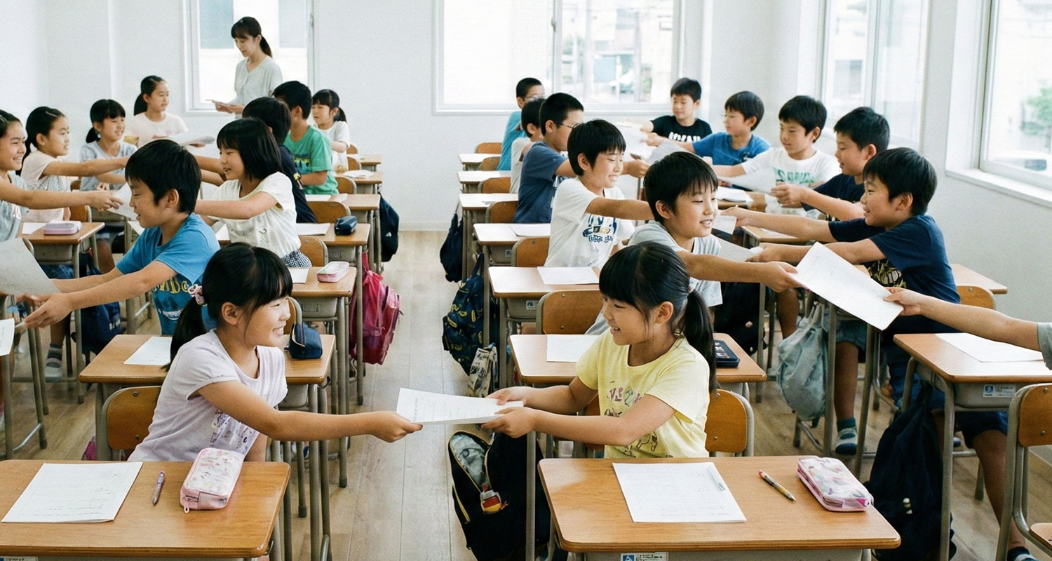 塾で子供達が相互採点のためプリントを交換している様子